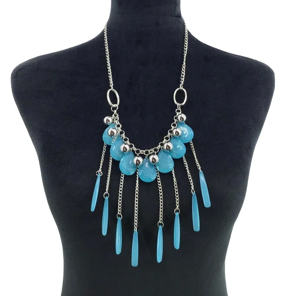 Teardrop Beaded Chain Fringe Necklace 24 Inch Length Blue Silver Tone
